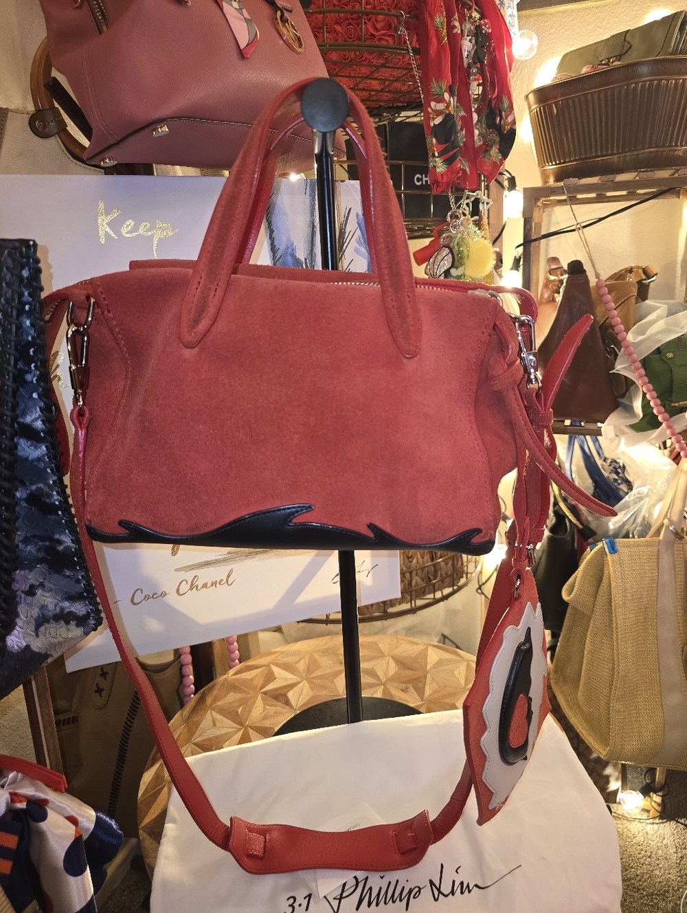 3.1 Phillip Lim Ames Red Suede Satchel With Black Leather Trim & Pouch